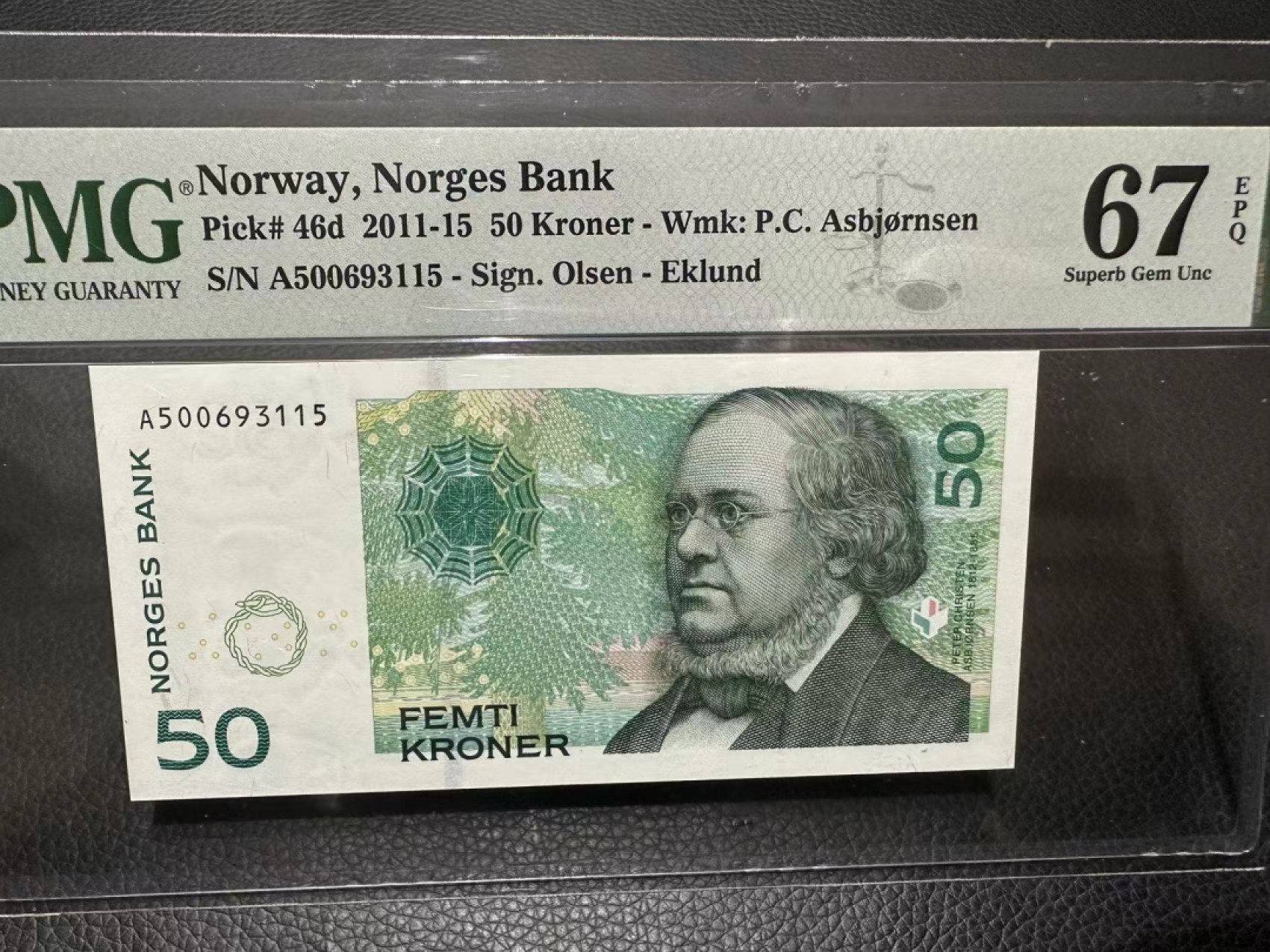 《外钞收藏家》第二百四十期（连拍第三场） 2011-15年挪威50克朗 A冠 PMG67 无47