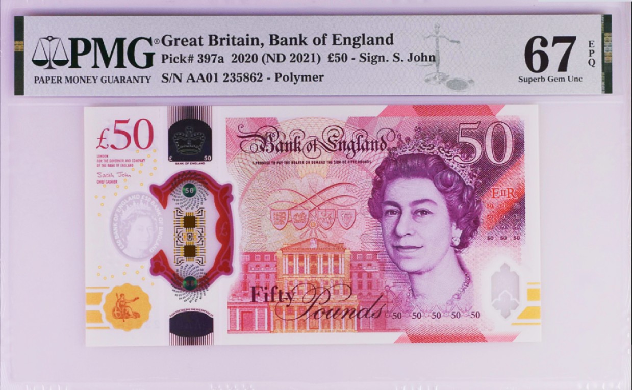《张总收藏》87期——稀缺品种外币&世界最佳纸币 英国2015年50镑AA01冠PMG67E高分无47