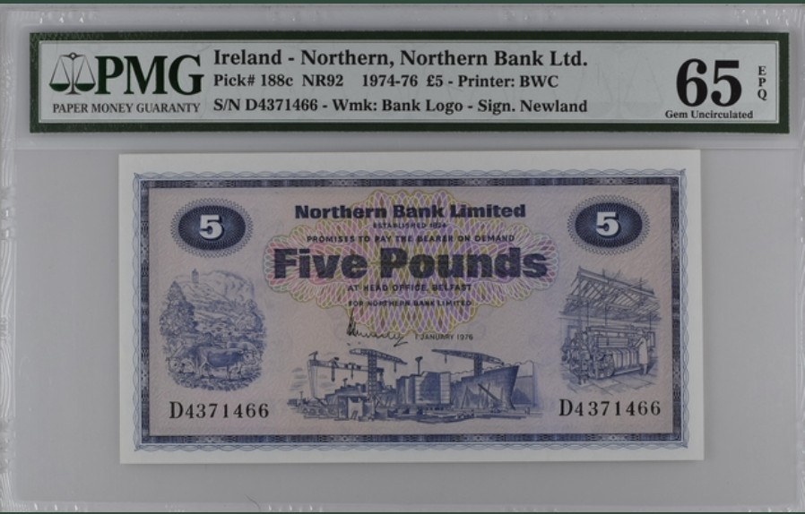 收藏联盟Quantum Auction 第226期拍卖 北爱尔兰北方银行1974-76年5镑 PMG65