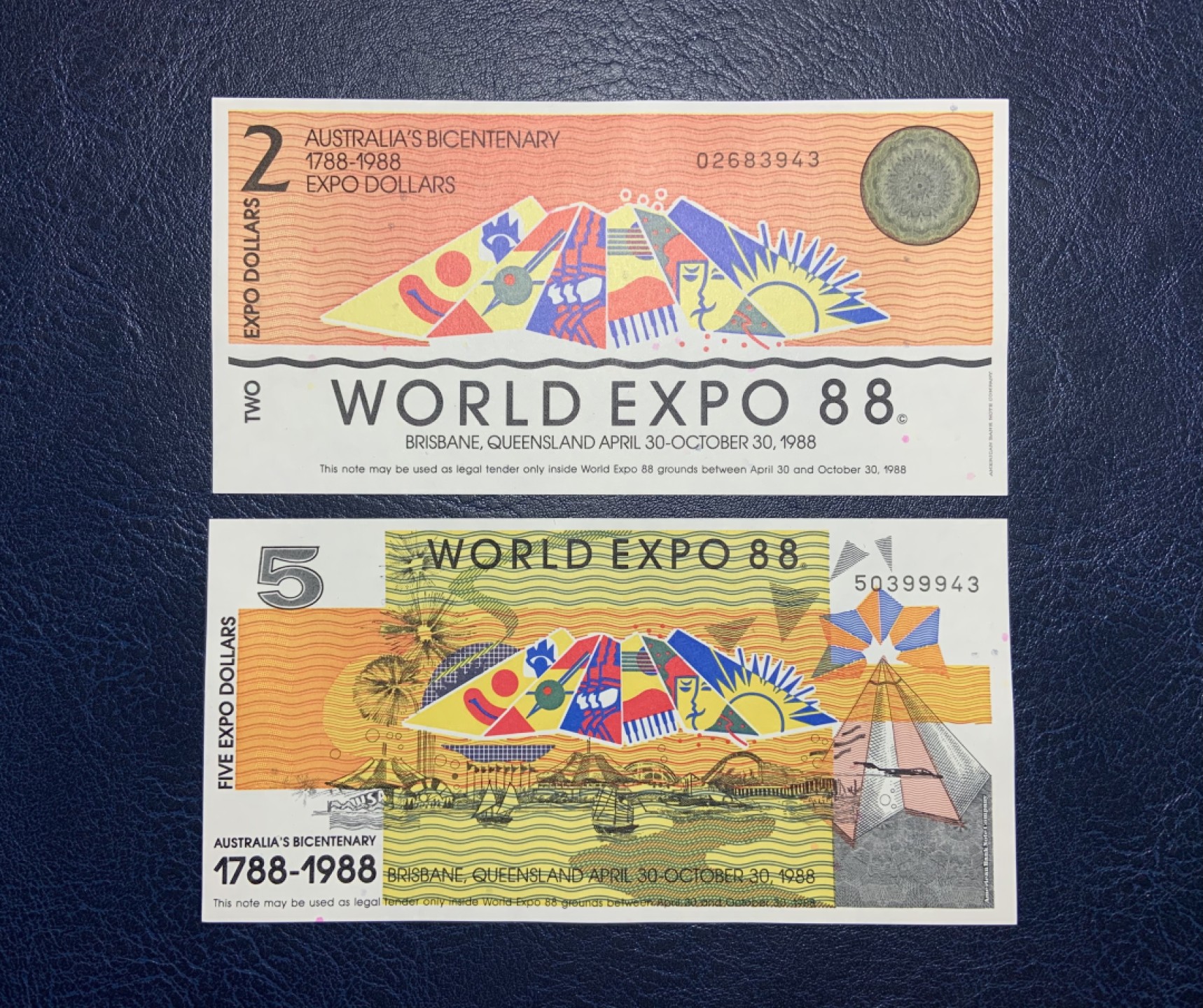 收藏联盟Quantum Auction 第226期拍卖 澳大利亚1988年布里斯班世博会代金券2-5元 品相全新UNC 雕刻版 