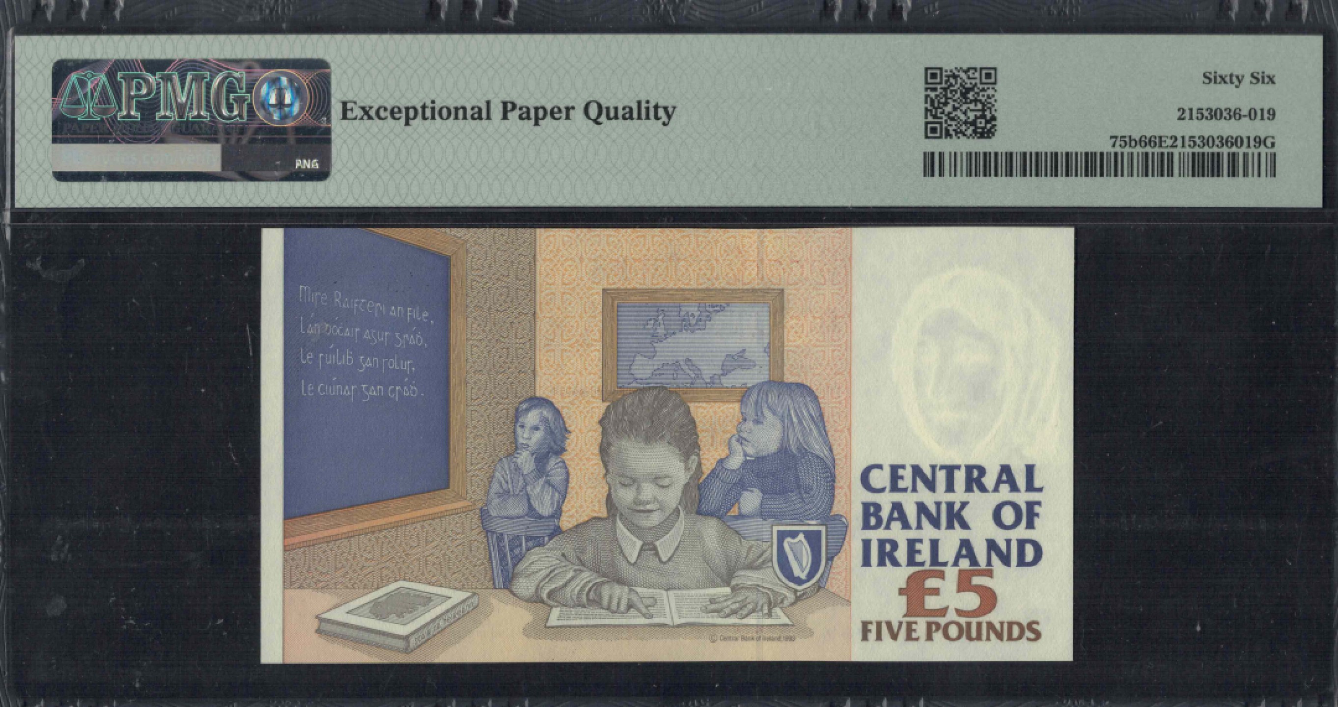 爱尔兰5镑 1994年版(1999年10月15日) P-75b 欧洲纸币 实物图 UNC