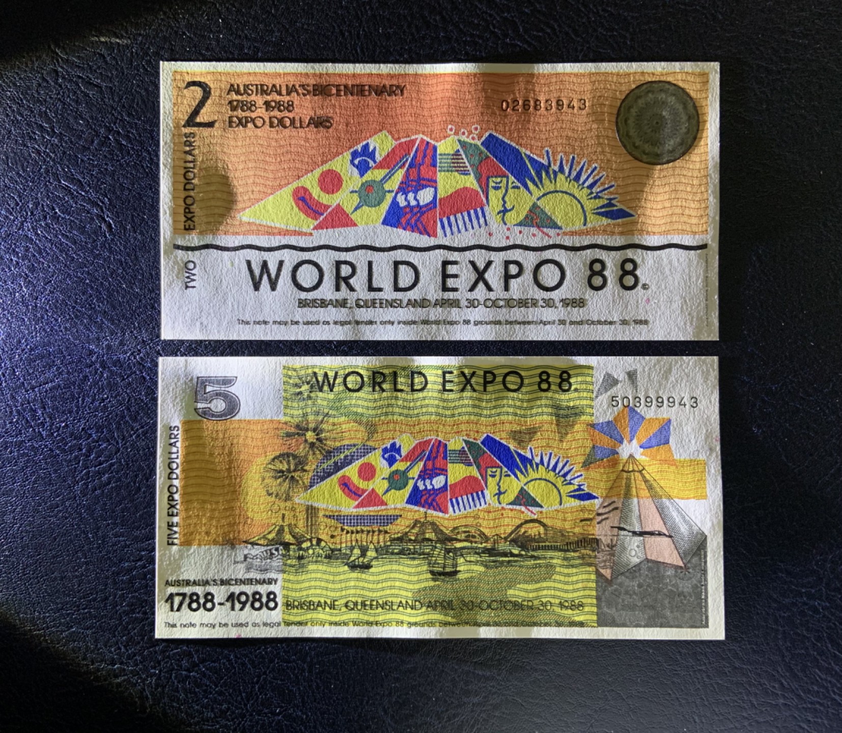 收藏联盟Quantum Auction 第226期拍卖 澳大利亚1988年布里斯班世博会代金券2-5元 品相全新UNC 雕刻版 