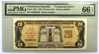 2025第25场（总第225期）：精品测试钞、纪念钞、塑料钞、连体钞综合场 - 两位小号000054 多米尼加1992年版“哥伦布发现美洲大陆500周年”20比索纪念钞（PMG66季军分）