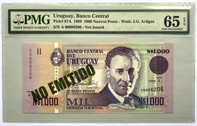 2025第25场（总第225期）：精品测试钞、纪念钞、塑料钞、连体钞综合场 - 罕见未发行 乌拉圭1989年版1000比索（PMG65季军分）千位小号6206