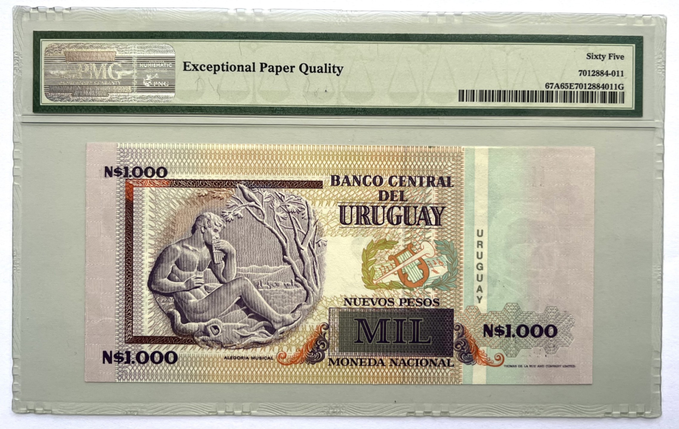 2025第25场（总第225期）：精品测试钞、纪念钞、塑料钞、连体钞综合场 罕见未发行 乌拉圭1989年版1000比索（PMG65季军分）千位小号6206
