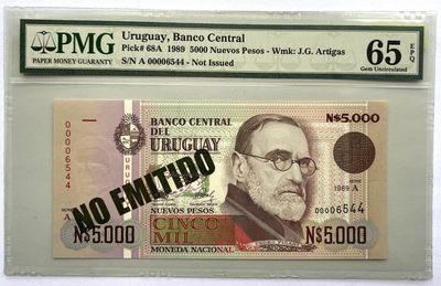 2025第25场（总第225期）：精品测试钞、纪念钞、塑料钞、连体钞综合场 - 罕见未发行 乌拉圭1989年版5000比索（PMG65亚军分）千位小号6544