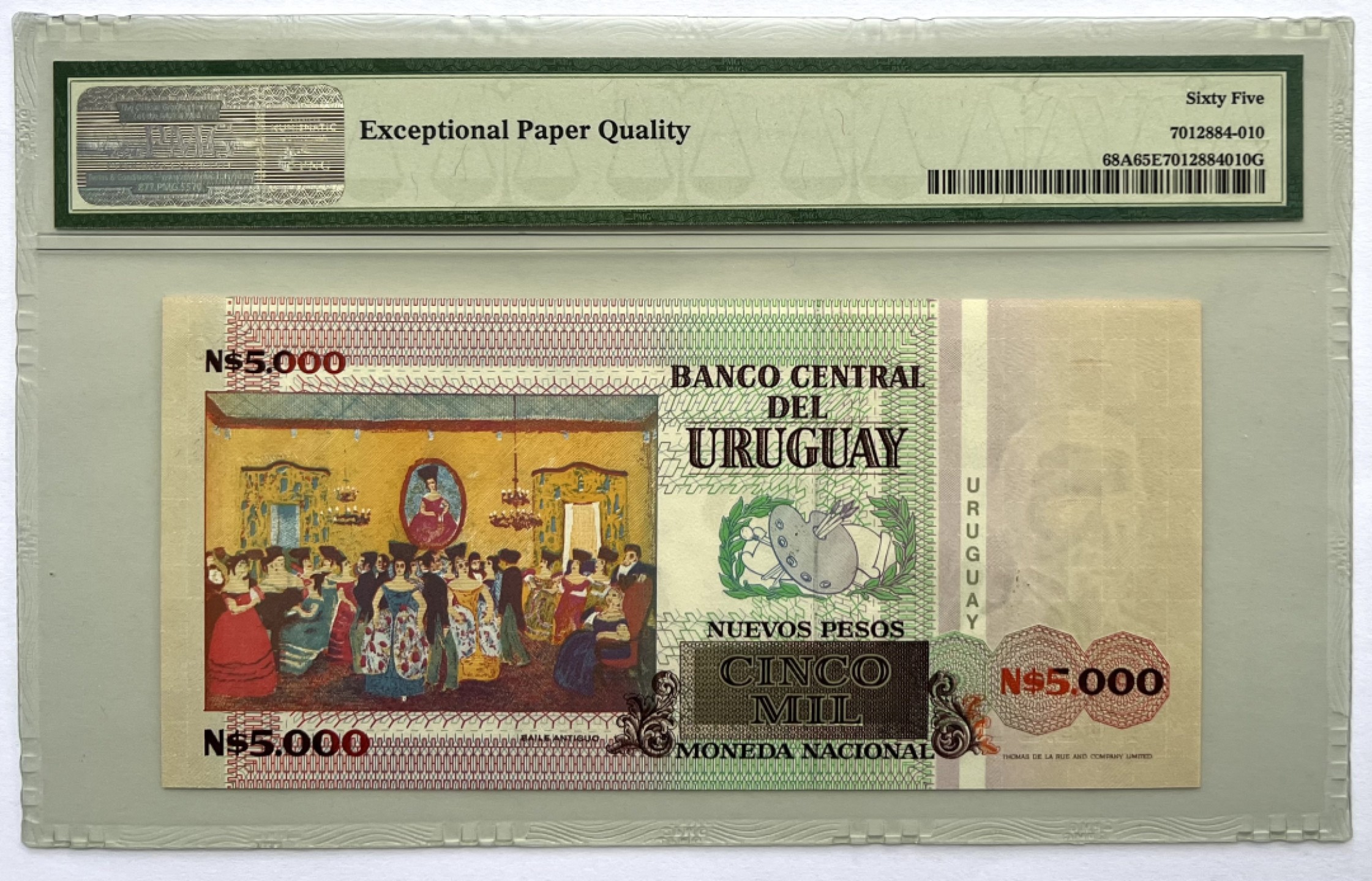 2025第25场（总第225期）：精品测试钞、纪念钞、塑料钞、连体钞综合场 罕见未发行 乌拉圭1989年版5000比索（PMG65亚军分）千位小号6544