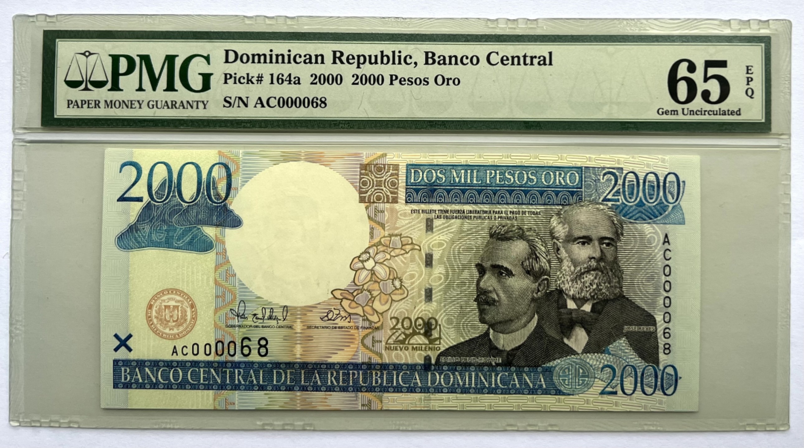 2025第25场（总第225期）：精品测试钞、纪念钞、塑料钞、连体钞综合场 两位小号/圆圆号000068 多米尼加2000年版“千禧年”2000比索纪念钞（PMG65季军分）
