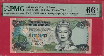 巴哈马1/2元(0.5元) 2001年 P-68 A冠 豹子号 数三012组合 美洲纸币 实物图 UNC - 巴哈马1/2元(0.5元) 2001年 P-68 A冠 豹子号 数三012组合 美洲纸币 实物图 UNC