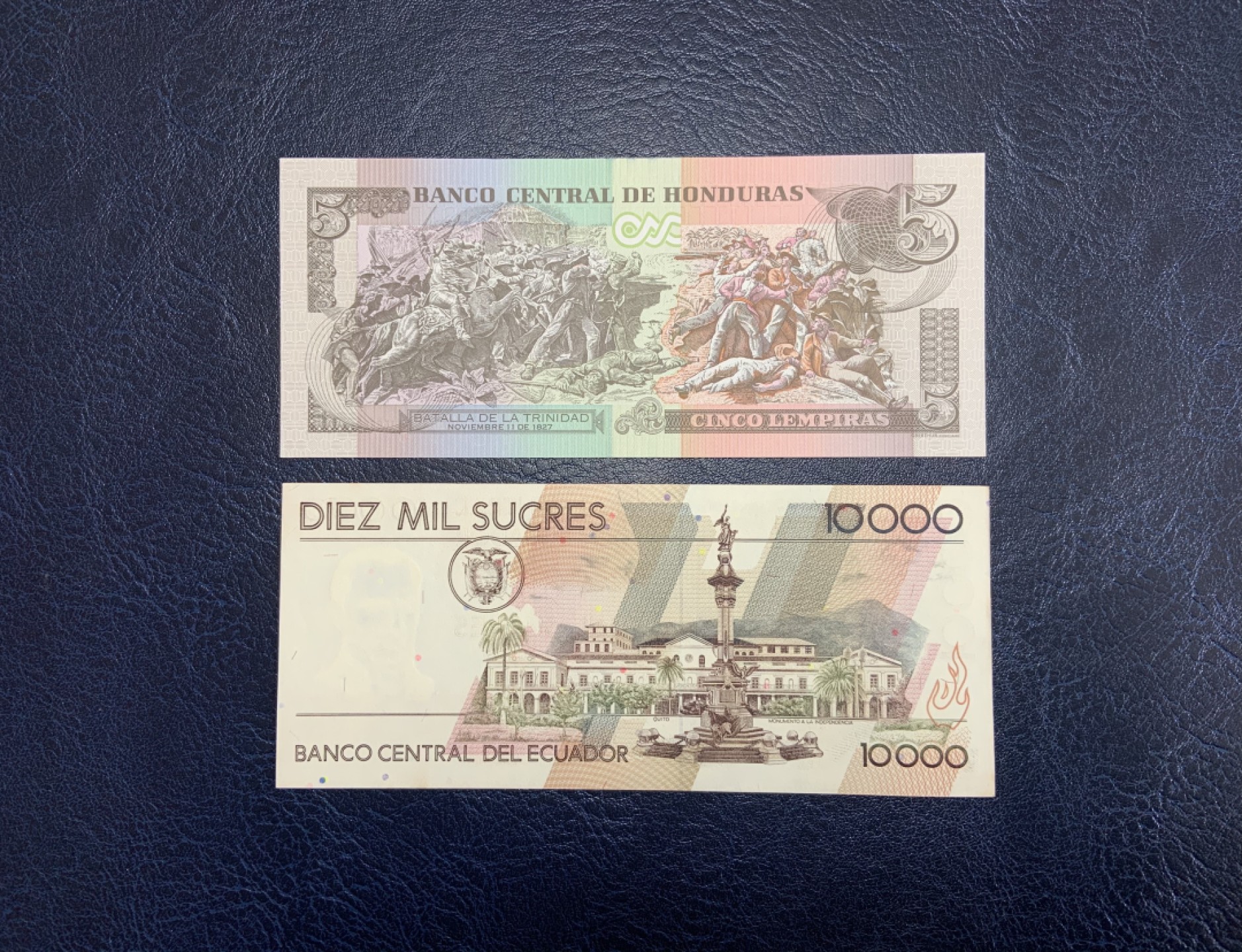 收藏联盟Quantum Auction 第226期拍卖 洪都拉斯2014年5伦皮坡和厄瓜多尔1999年10000苏克雷 品相UNC(厄瓜多尔有黄，细节如图) 双豹子号 