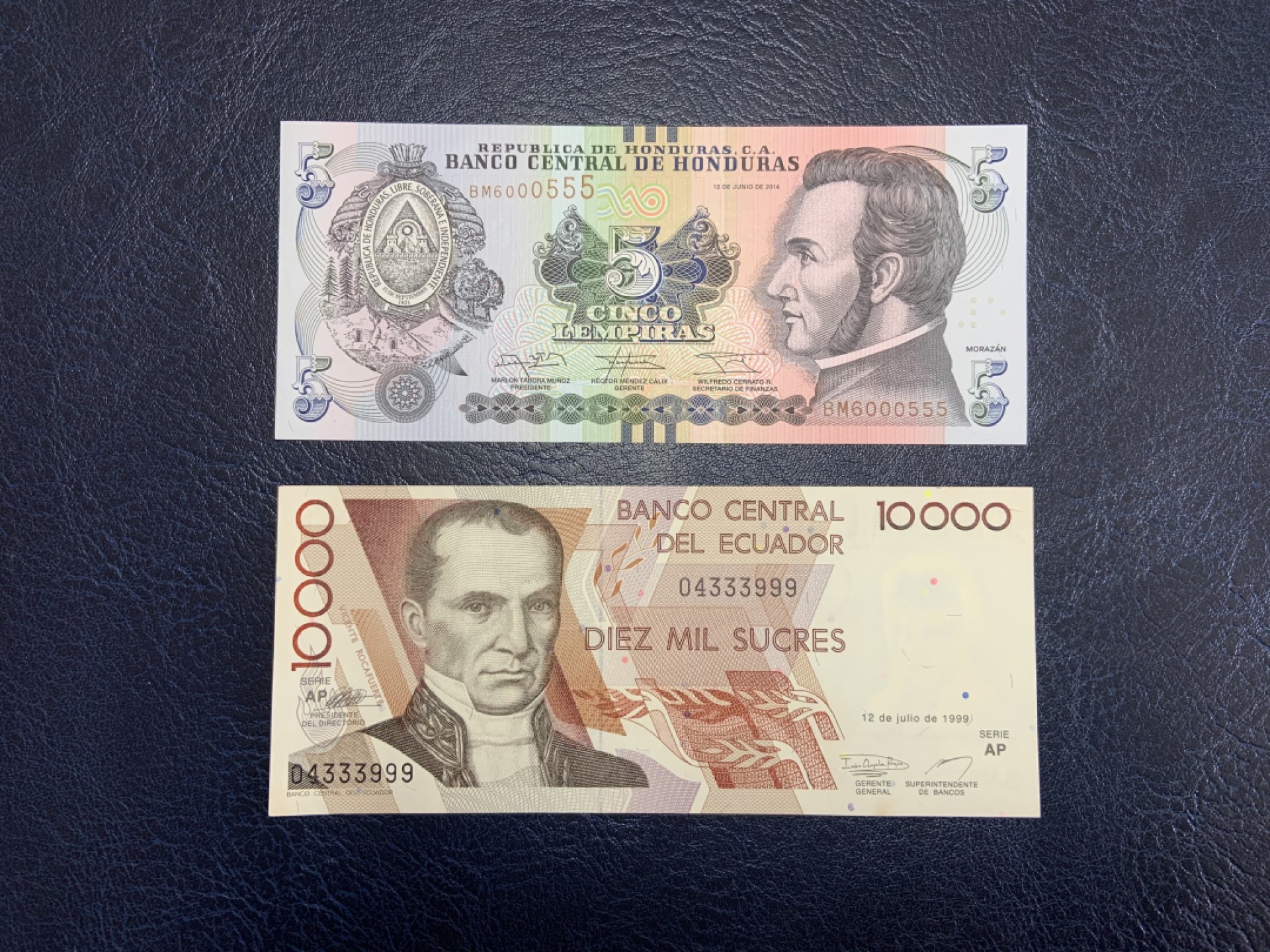 收藏联盟Quantum Auction 第226期拍卖 洪都拉斯2014年5伦皮坡和厄瓜多尔1999年10000苏克雷 品相UNC(厄瓜多尔有黄，细节如图) 双豹子号 