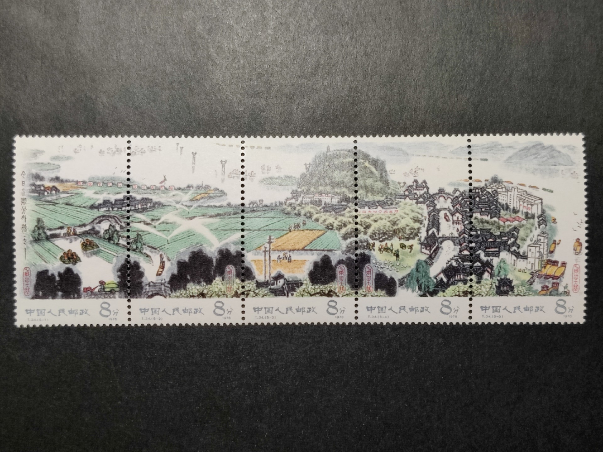 洪涛臻品批发群  精选邮票限时拍卖第一百四十八期 T34水乡新貌 新全套 联票间齿孔仔细看有轻微折痕(见尾图),从背面夹起整联挺直！属于难得的品相！原胶润亮！OG近全品！