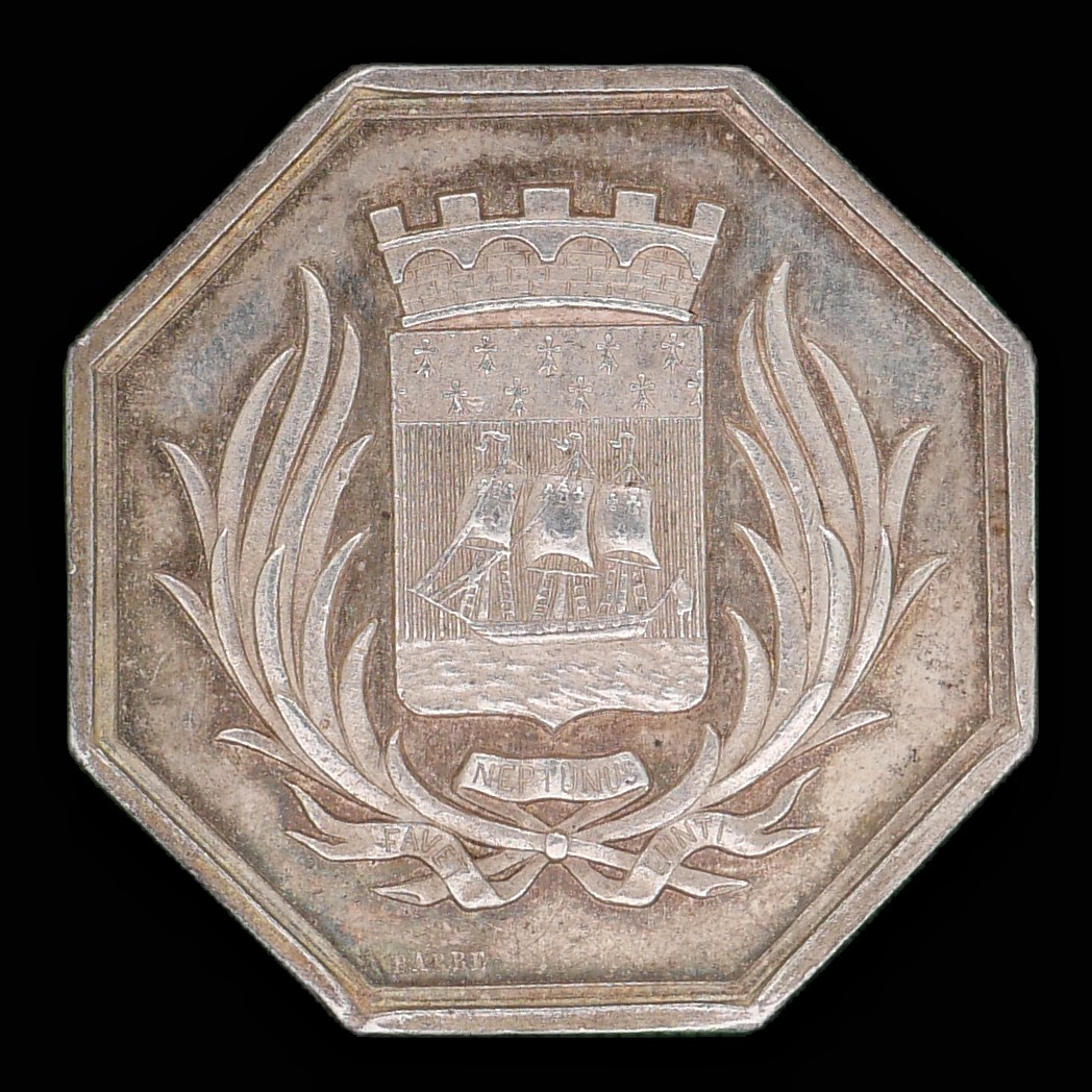 勋章奖章交易所1月27日（初六）法国币章专场 法国银质1860-1880南特商会八角代币，帆船，约13.41g