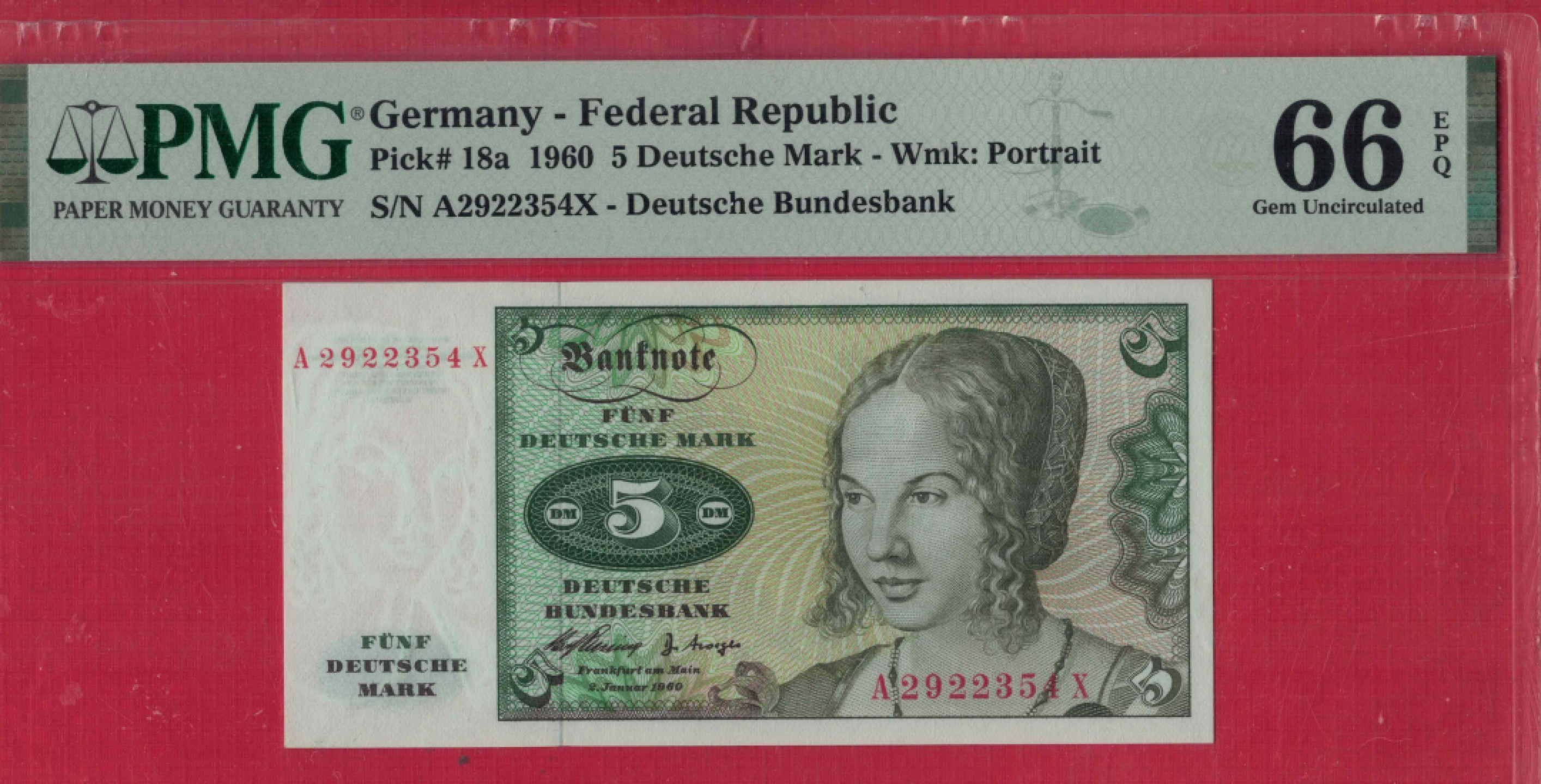 德国5马克 1960年 P-18a 欧洲纸币 实物图 UNC