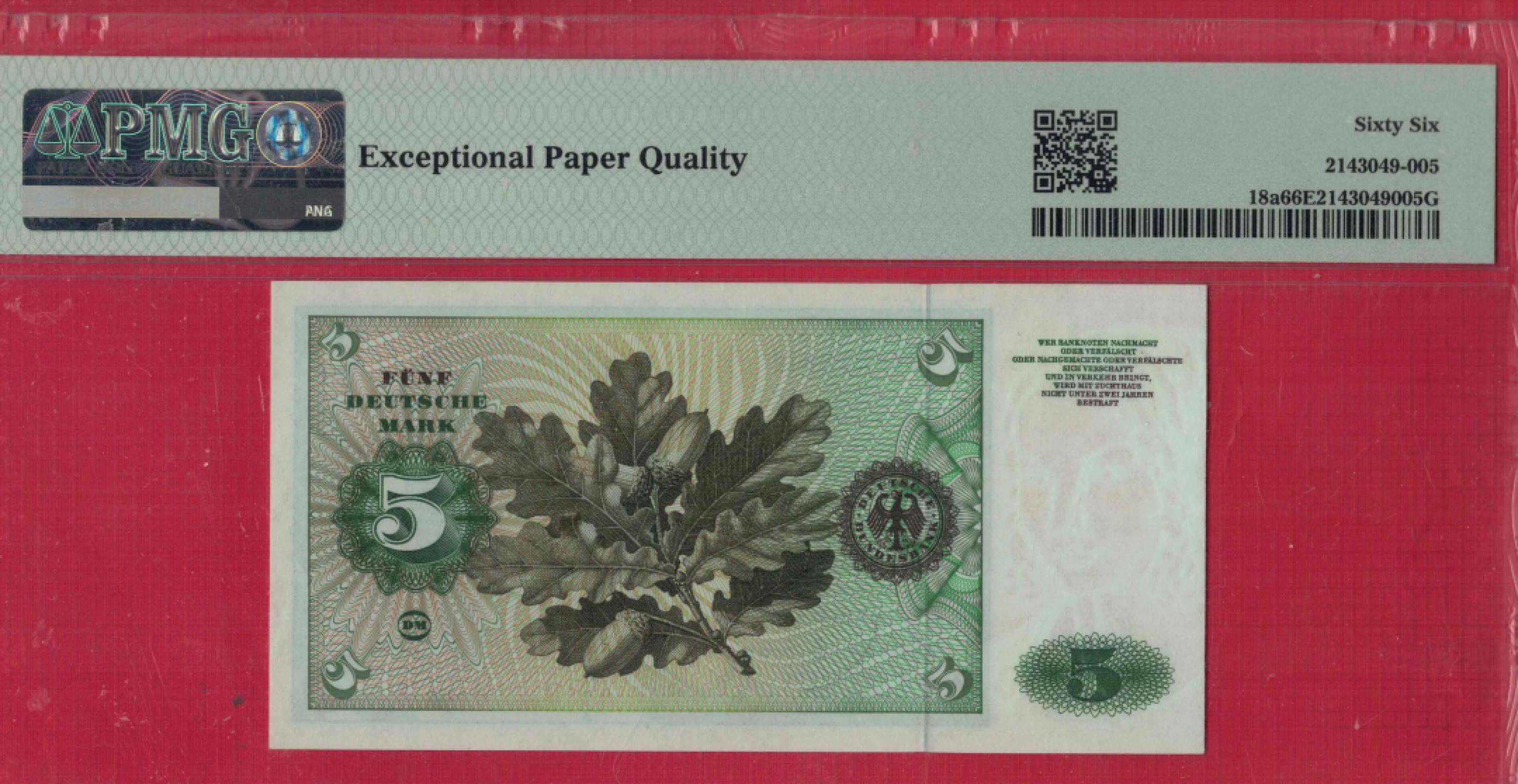 德国5马克 1960年 P-18a 欧洲纸币 实物图 UNC