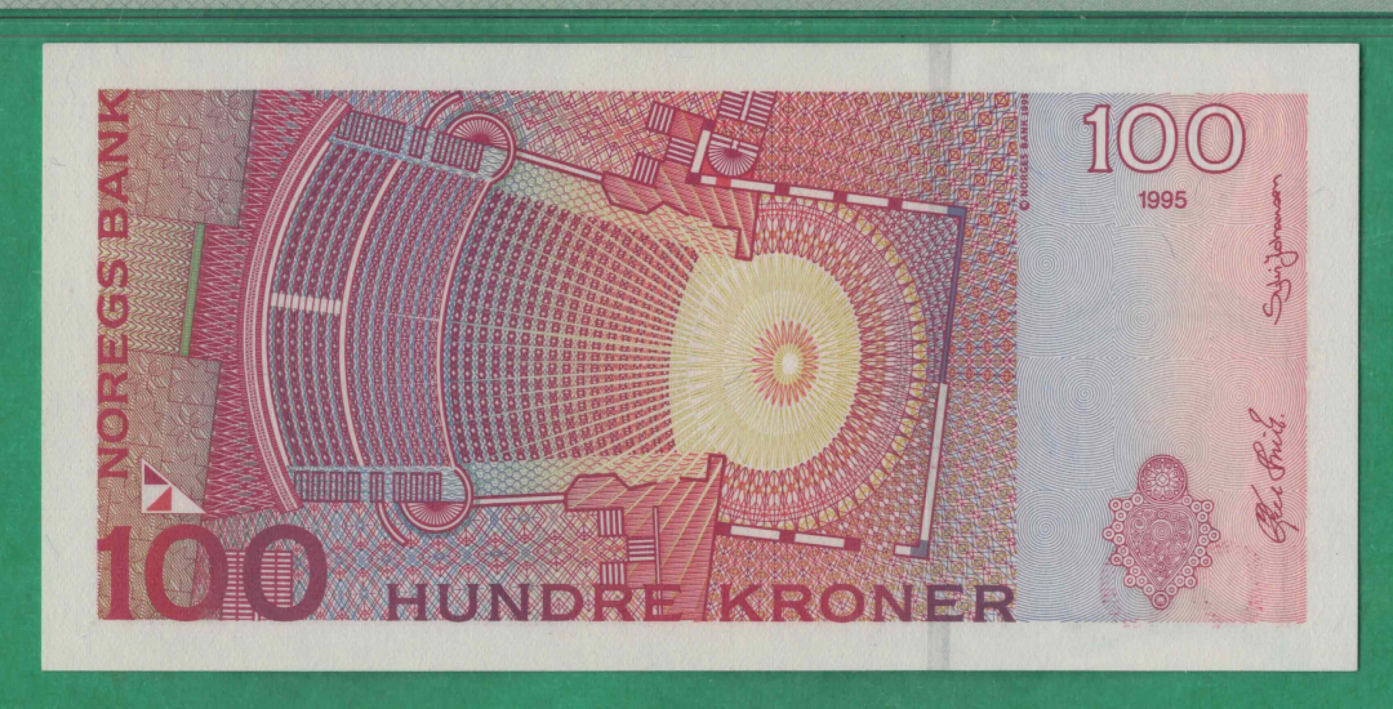 挪威100克朗 1995年(首发年份) 冠军分 P-47a 欧洲纸币 实物图 UNC