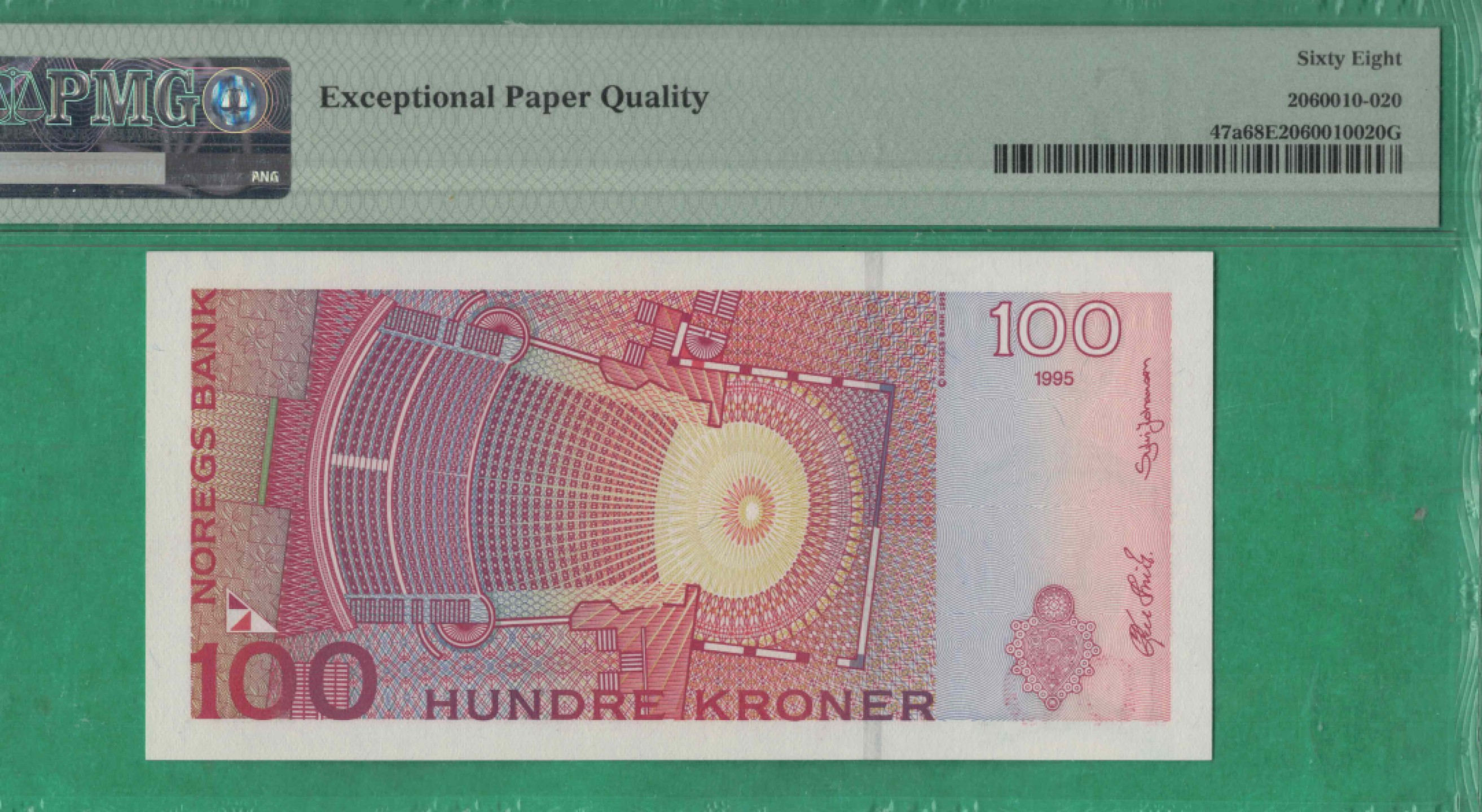 挪威100克朗 1995年(首发年份) 冠军分 P-47a 欧洲纸币 实物图 UNC