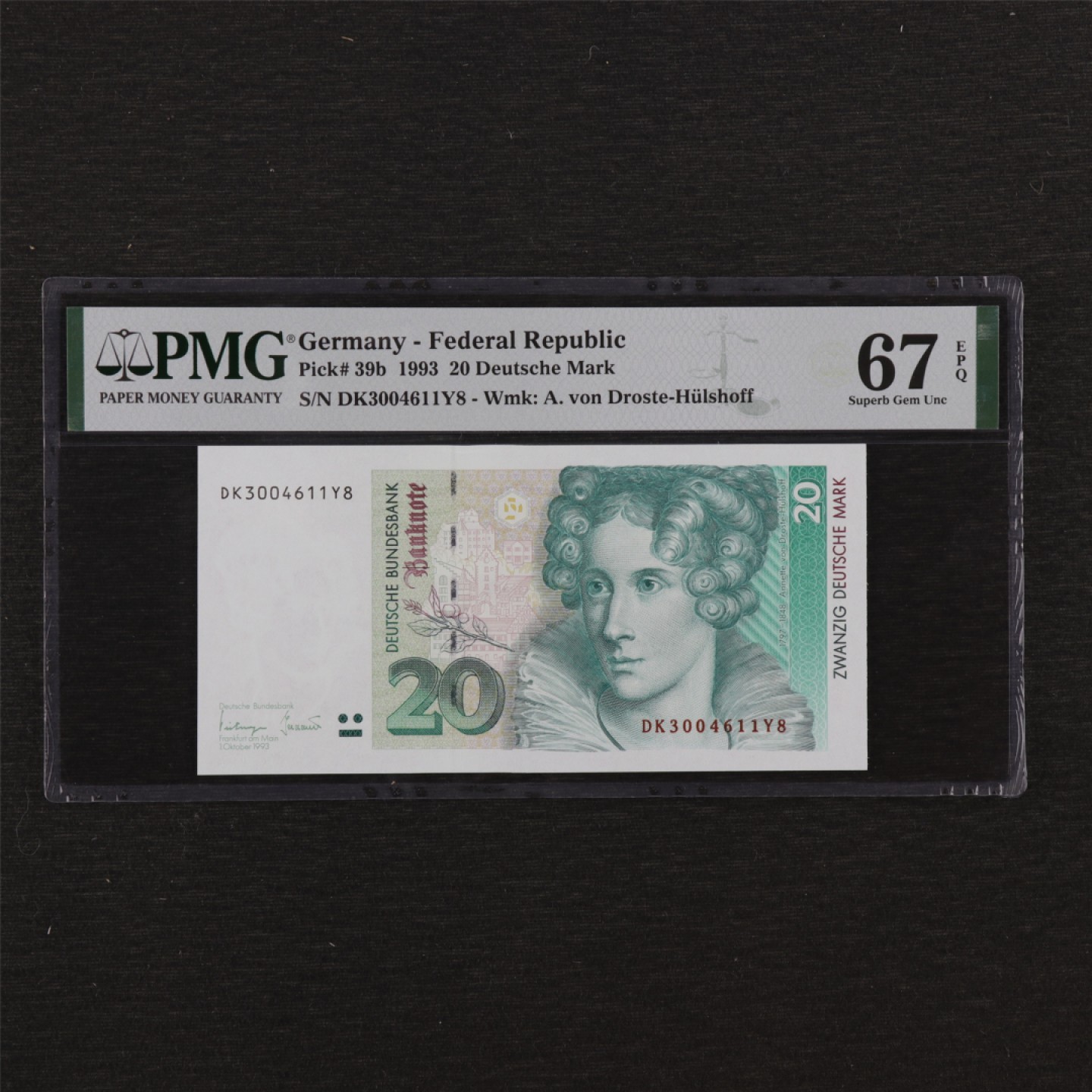 【亘邦集藏】147期拍卖 1993年 德国20马克 PMG 67EPQ DK3004611