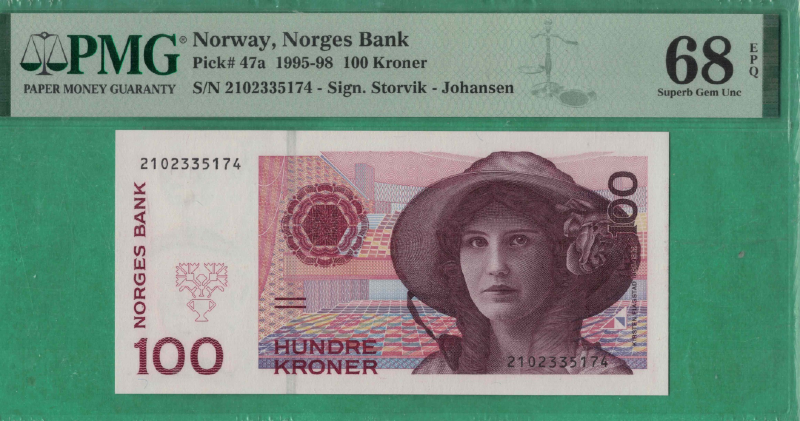 挪威100克朗 1995年(首发年份) 冠军分 P-47a 欧洲纸币 实物图 UNC