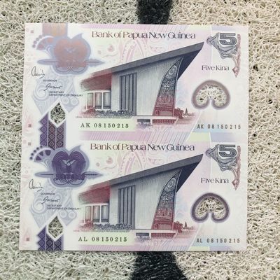 65th 🐰2023兔年新春特辑🎇（裸钞和PMG评级币8-18起） - 巴布亚新几内亚2008年5基纳，未裁切连体钞，（AK/AL08 150215），市场价300+