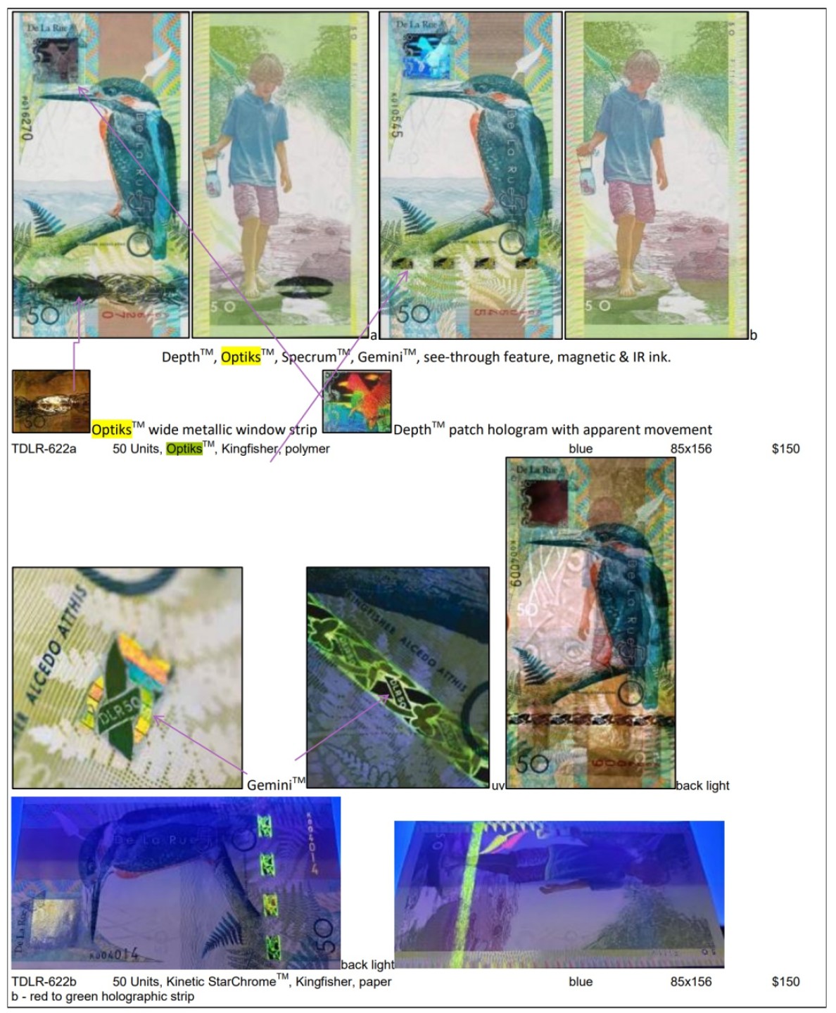 2026第1场（总第228期）：精品测试钞、外钞、塑料钞、连体钞综合场 德纳罗DLR “翠鸟”Optiks窗口测试钞UNC（有机压痕）