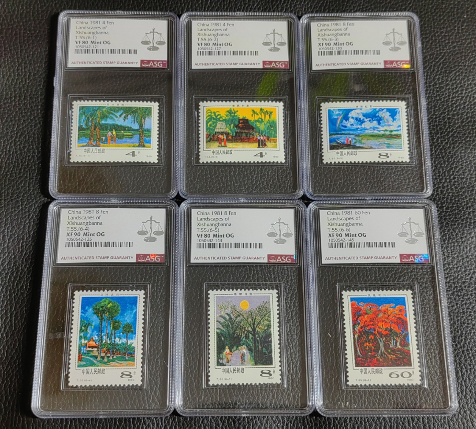 洪涛臻品批发群  精选邮票限时拍卖第一百五十八期 T55西双版纳新全  ASG评级，3枚90，3枚80，均OG，最严格时期出分，经典热门风景套票，一次性出分，喜欢不要错过！！
