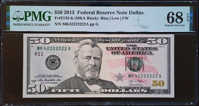 《家喻户晓》世界靓号纸钞第十期 - 2013年美国50美元 超靓号全偶数麒麟号2222222 PMG68高分