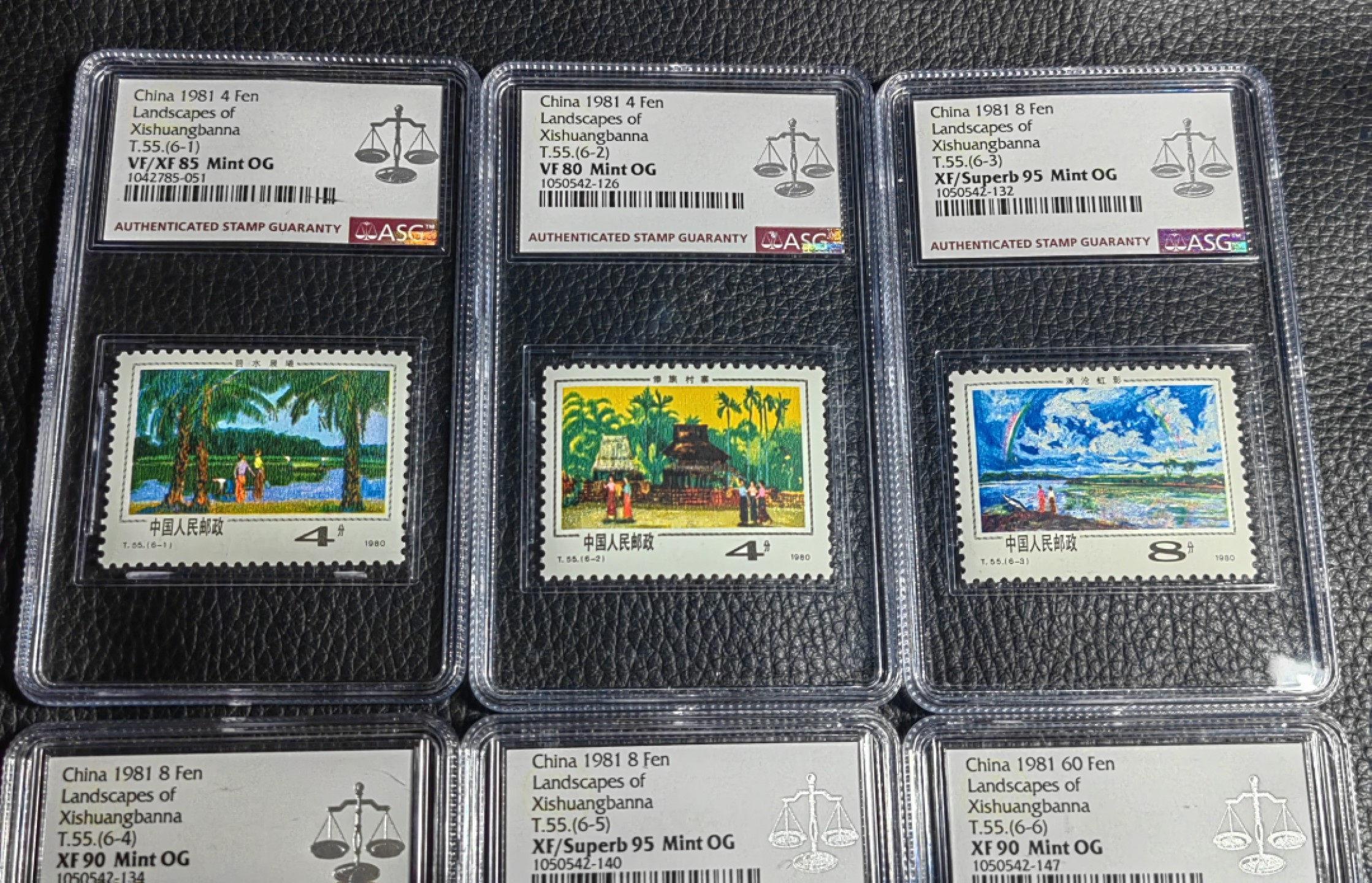 洪涛臻品批发群  精选邮票限时拍卖第一百五十九期 T55西双版纳新全  ASG评级，2枚95冠军分，2枚90分，1枚85分，1枚80分。均OG，最严格时期出分，经典热门风景套票，两张95高分非常不容易，喜欢不要错过！配套首选！