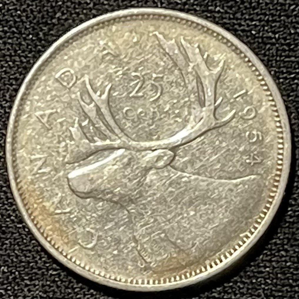 紫瑗钱币——第248期拍卖 加拿大 1954年 伊丽莎白二世 驯鹿 25分 5.84克 0.8银