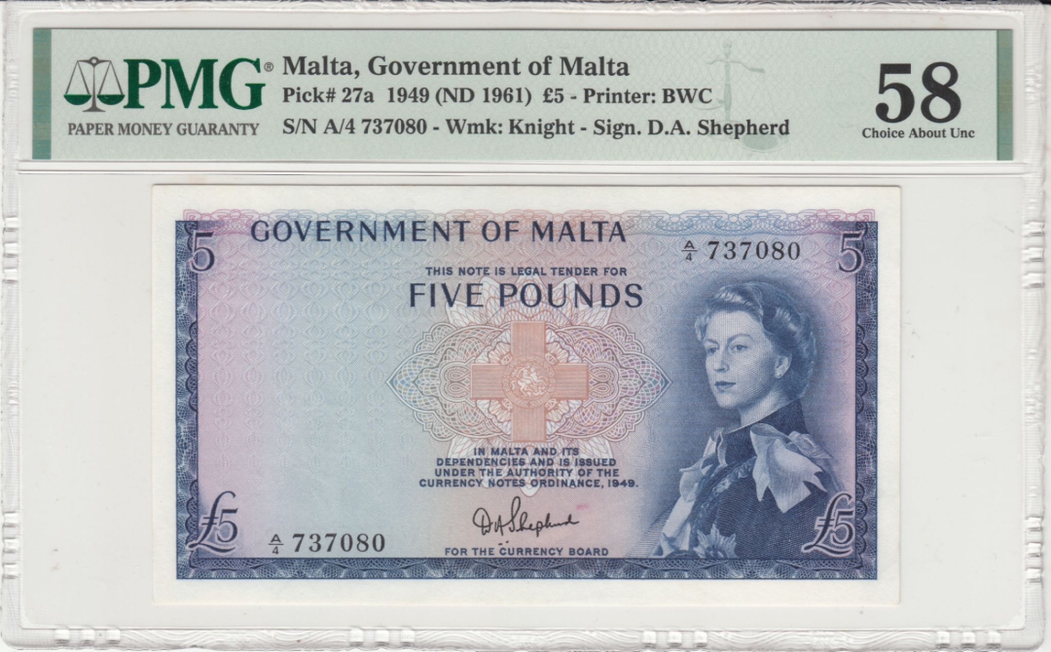 收藏联盟Quantum Auction 第228期拍卖 (已更新) 马耳他1961年5镑 PMG58 戎装女王 马耳他俯瞰 非常稀少蓝色初版