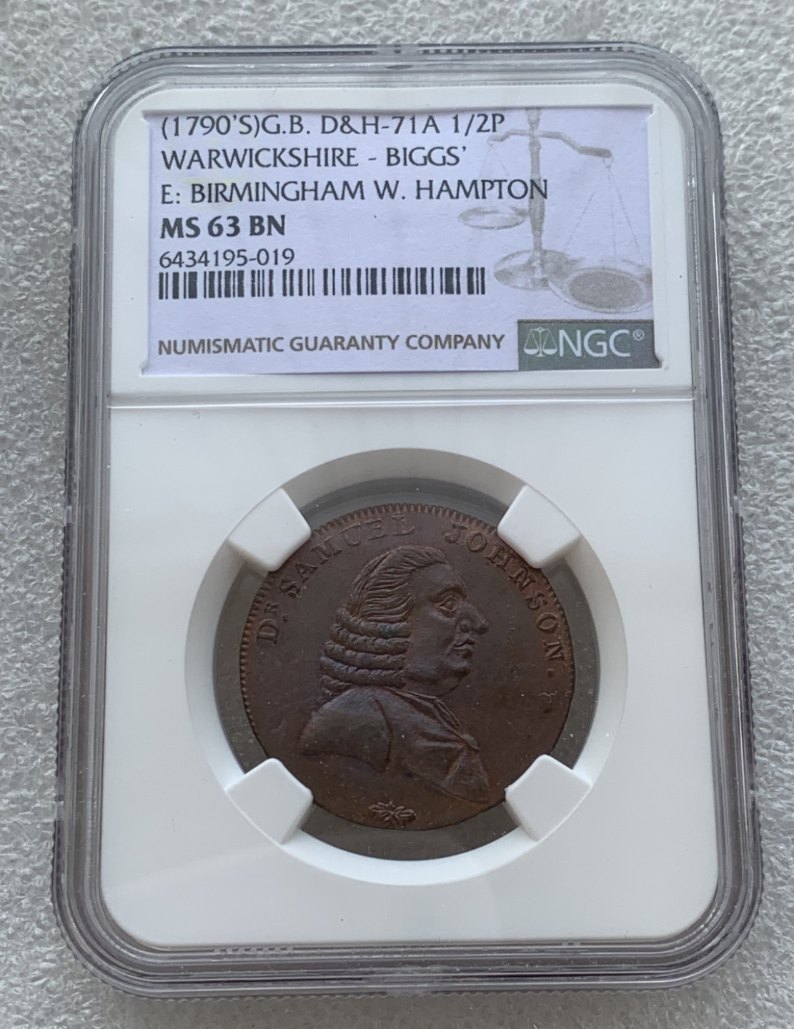 瓶子🏺第76期拍卖会 英国1790年沃里克郡·比格斯·伯明翰·汉普顿1/2便士代币MS63