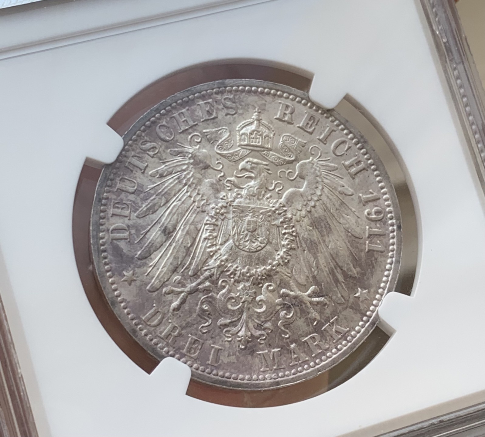 瓶子🏺第76期拍卖会 德国符腾堡1911年威廉二世银婚纪念3马克MS65老盒低评五彩好状态