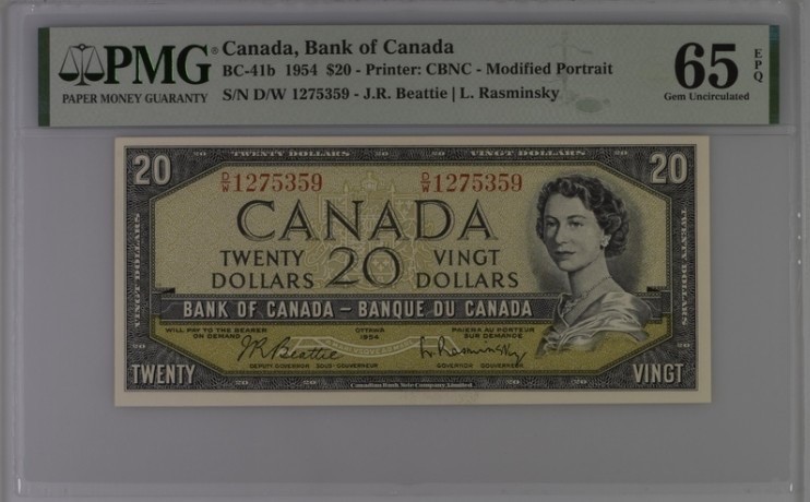 收藏联盟Quantum Auction 第228期拍卖 (已更新) 加拿大1954年20元 PMG65 劳伦斯山脉的雪松林 早期晚礼服女王 中等面值