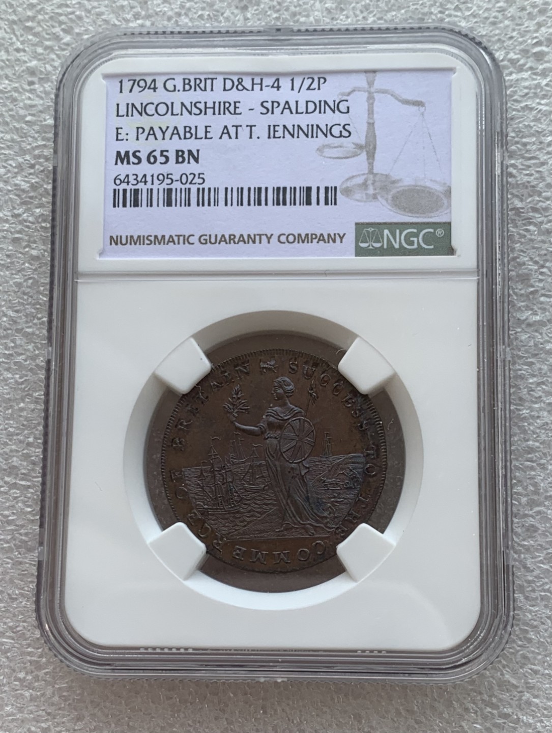 瓶子🏺第76期拍卖会 英国1794年林肯郡·斯伯丁1/2便士代币MS65