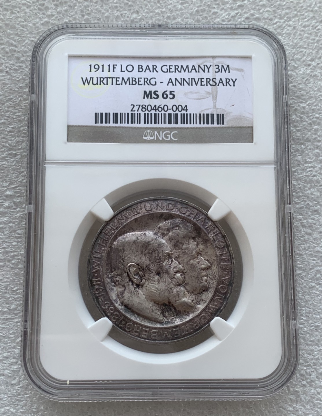 瓶子🏺第76期拍卖会 德国符腾堡1911年威廉二世银婚纪念3马克MS65老盒低评五彩好状态