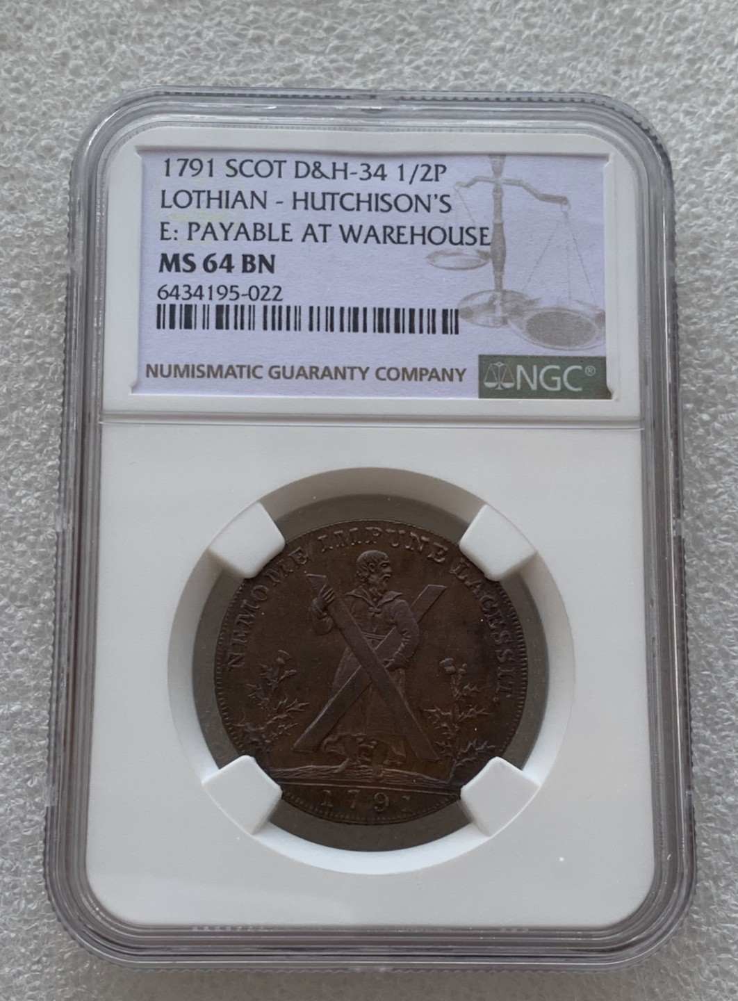 瓶子🏺第76期拍卖会 英国1791念洛锡安何记商铺1/2便士代币MS64