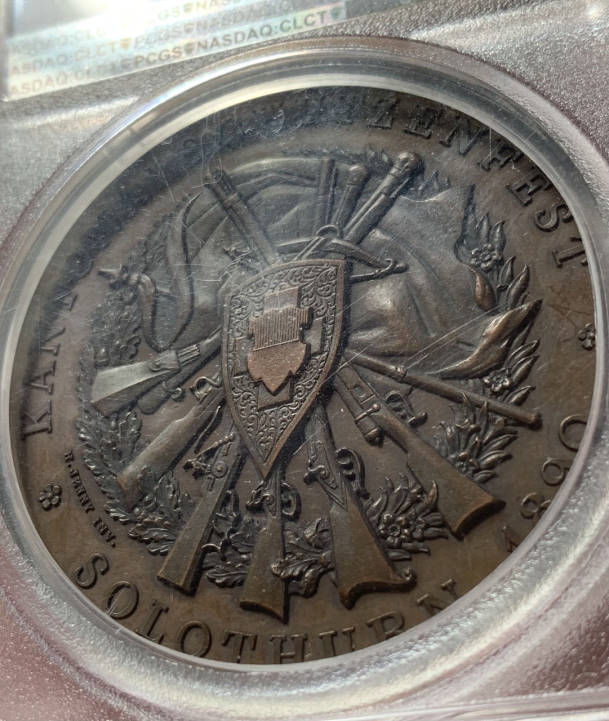 瓶子🏺第76期拍卖会 瑞士1890索洛图恩射击节铜章SP64深打好状态