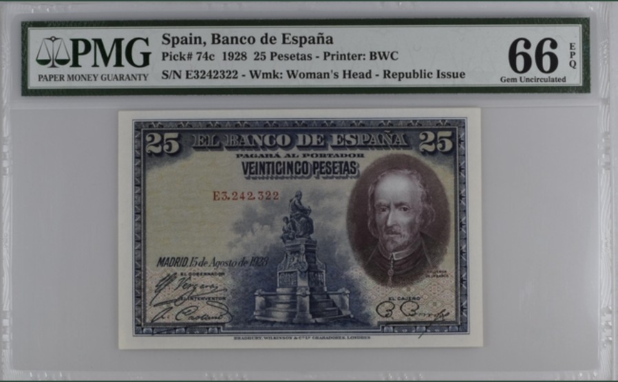 收藏联盟Quantum Auction 第228期拍卖 (已更新) 西班牙1928年25比塞塔 PMG66 BWC经典作品