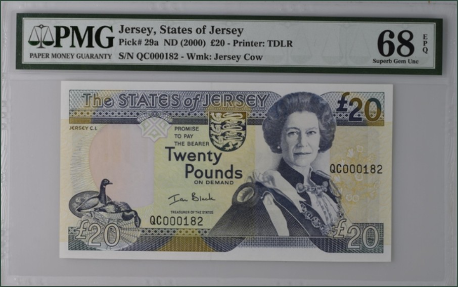 收藏联盟Quantum Auction 第228期拍卖 (已更新) 泽西岛2000年20镑 PMG68 百位号 稀少高分