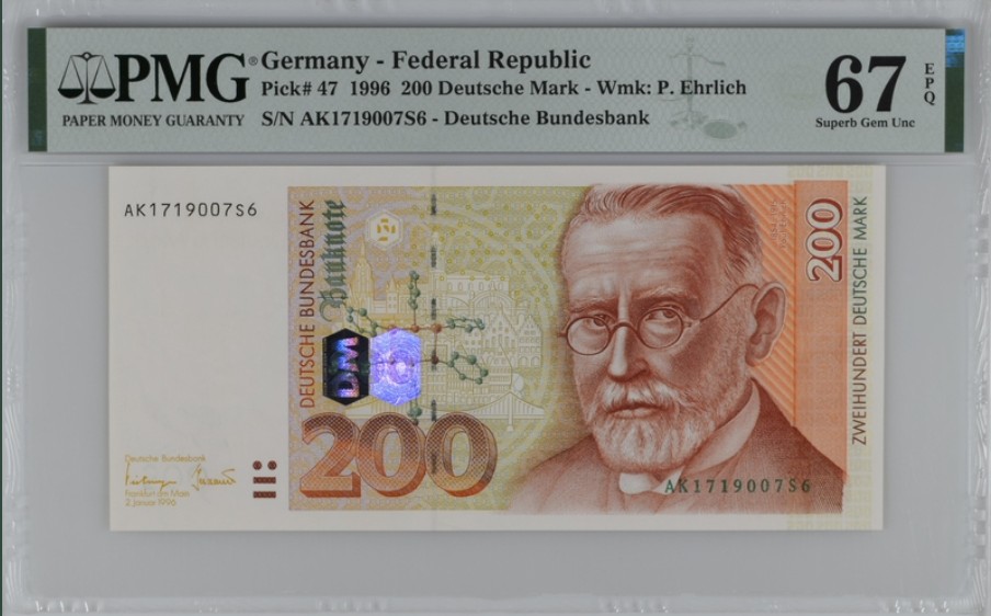 收藏联盟Quantum Auction 第228期拍卖 (已更新) 德国联邦1996年200马克 PMG67 医学家艾尔利希-梅毒特效药666发现者