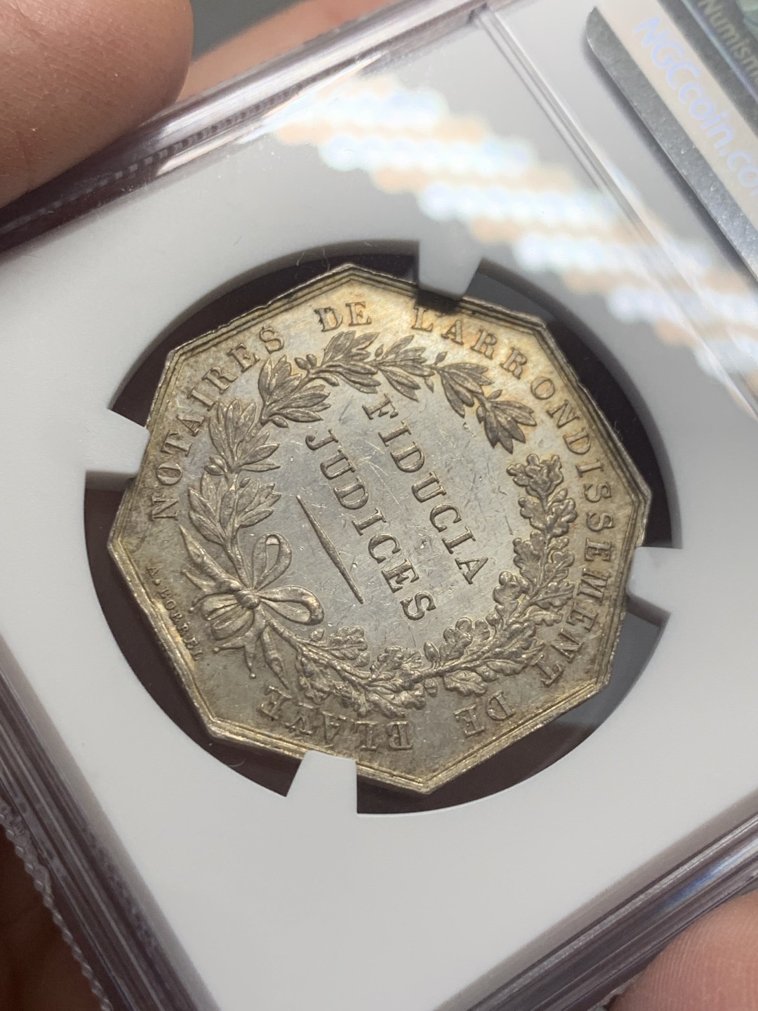 《竞宝斋》第130场-周日，周一连拍 (全场包邮) NGC MS62 布莱公正女神八角银质代币 蜜蜂边铭1860-1879年