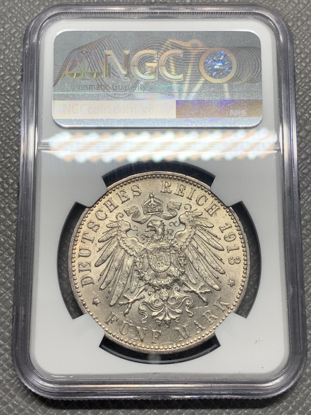 《竞宝斋》第130场-周日，周一连拍 (全场包邮) NGC UNC 1913年德国符腾堡转光好品5马克银币