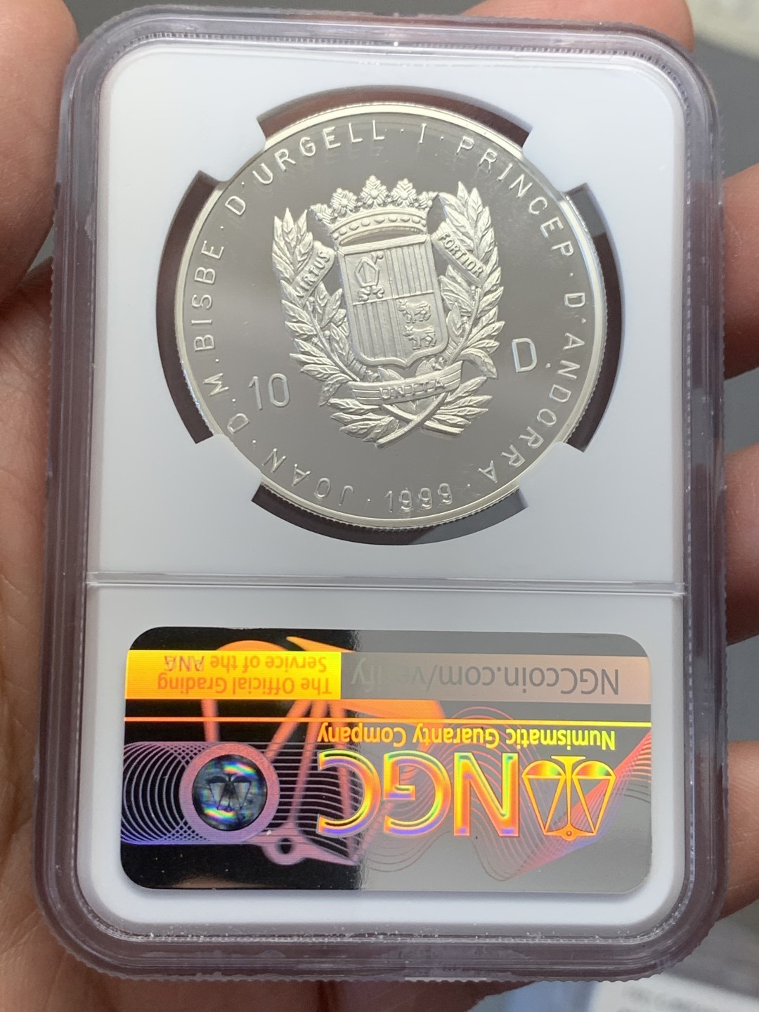 《竞宝斋》第130场-周日，周一连拍 (全场包邮) 唯一冠军分 NGC-PF69 安道尔1999年 浪子跪拜 10第纳尔精制大银币 稀少品种