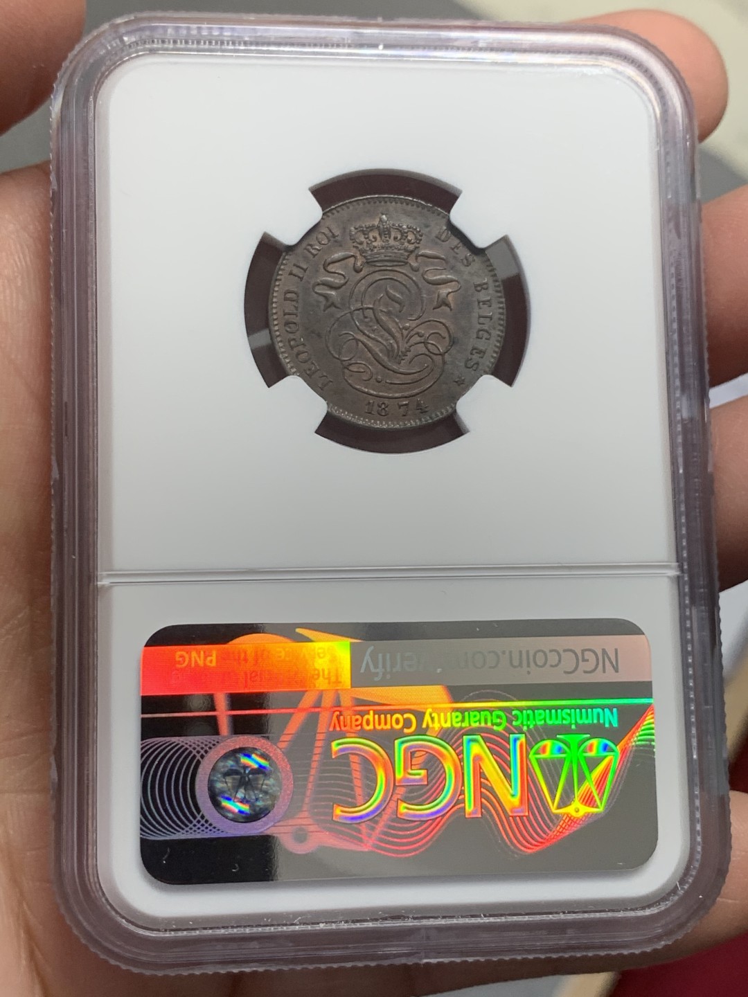 《竞宝斋》第130场-周日，周一连拍 (全场包邮) NGC-AU58 比利时 1874年 狮子盾牌2分铜币 早期年份 好品少见