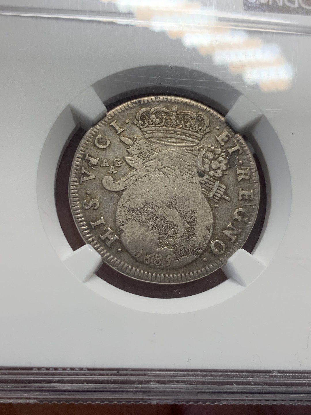 《竞宝斋》第130场-周日，周一连拍 (全场包邮) NGC VF20 1685年意大利那不勒斯Tari最早地球银币，出分不易，少见好品