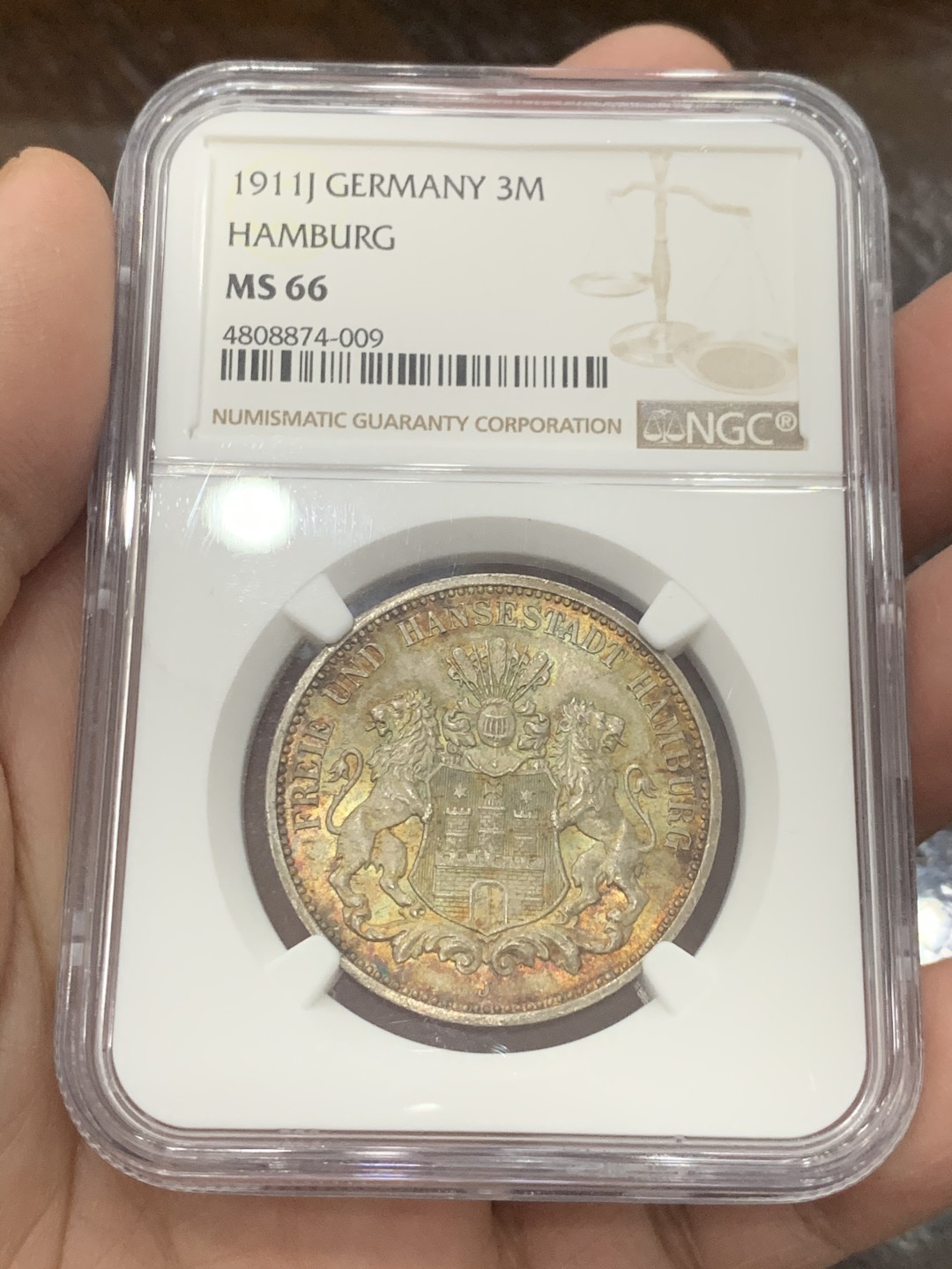 《竞宝斋》第130场-周日，周一连拍 (全场包邮) NGC- MS66 德国汉堡自由市 1911年流通3马克 银币 顶尖分数品相，炫丽黄油彩，十分迷人