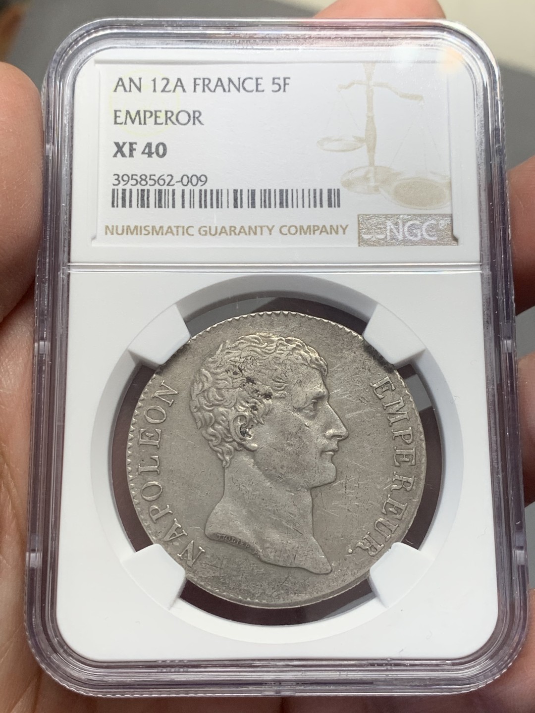 《竞宝斋》第130场-周日，周一连拍 (全场包邮) NGC XF40 法国 AN12，1804年 拿破仑 凯撒头5法郎 银币 稀少品种 细节好 给分保守了