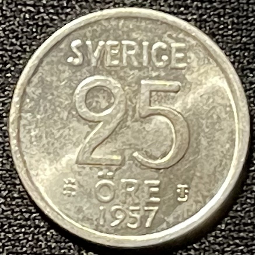 紫瑗钱币——第249期拍卖 瑞典 1957年 古斯塔夫六世 25欧尔 2.32克 0.4银 UNC