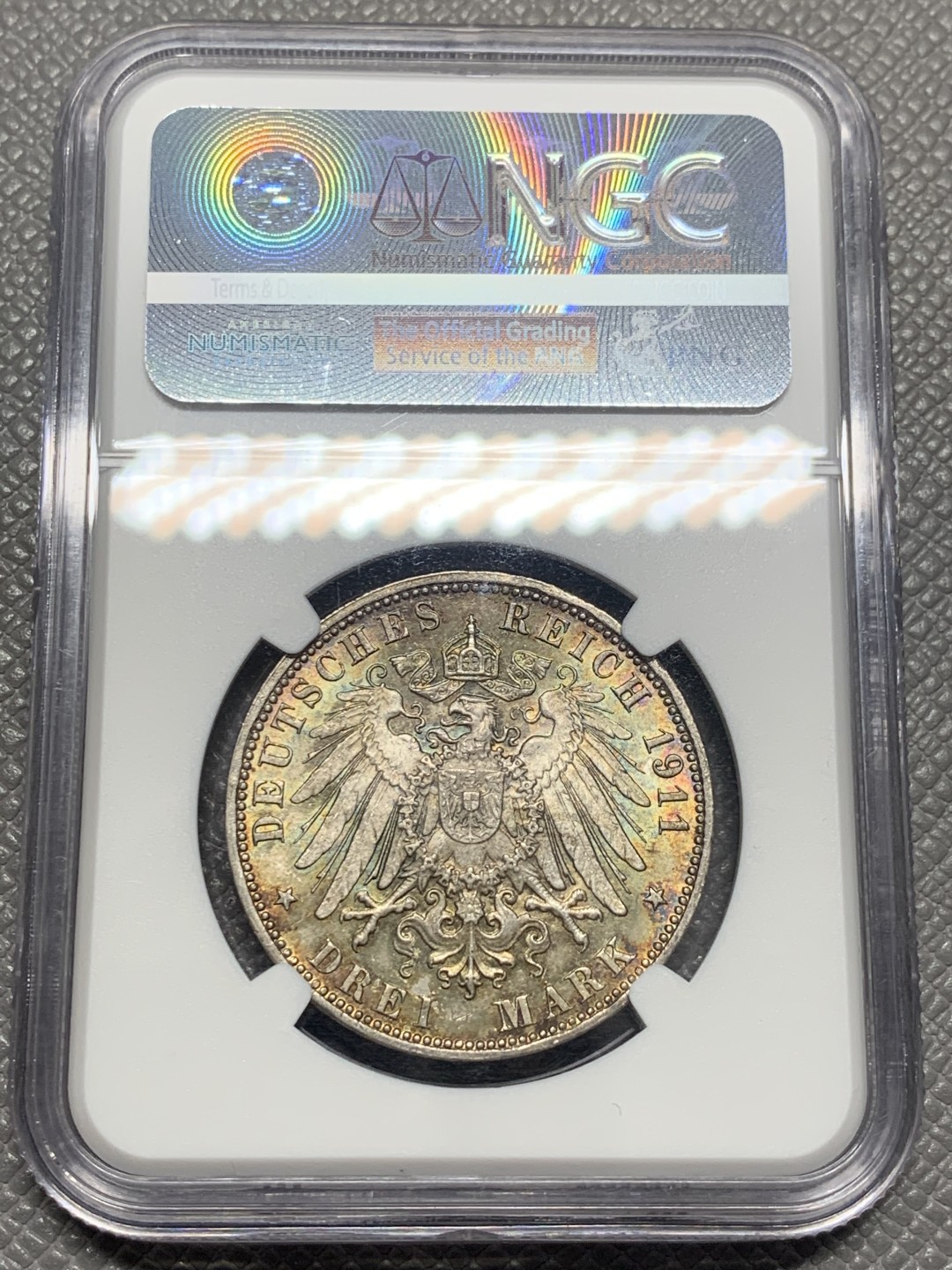 《竞宝斋》第130场-周日，周一连拍 (全场包邮) NGC- MS66 德国汉堡自由市 1911年流通3马克 银币 顶尖分数品相，炫丽黄油彩，十分迷人