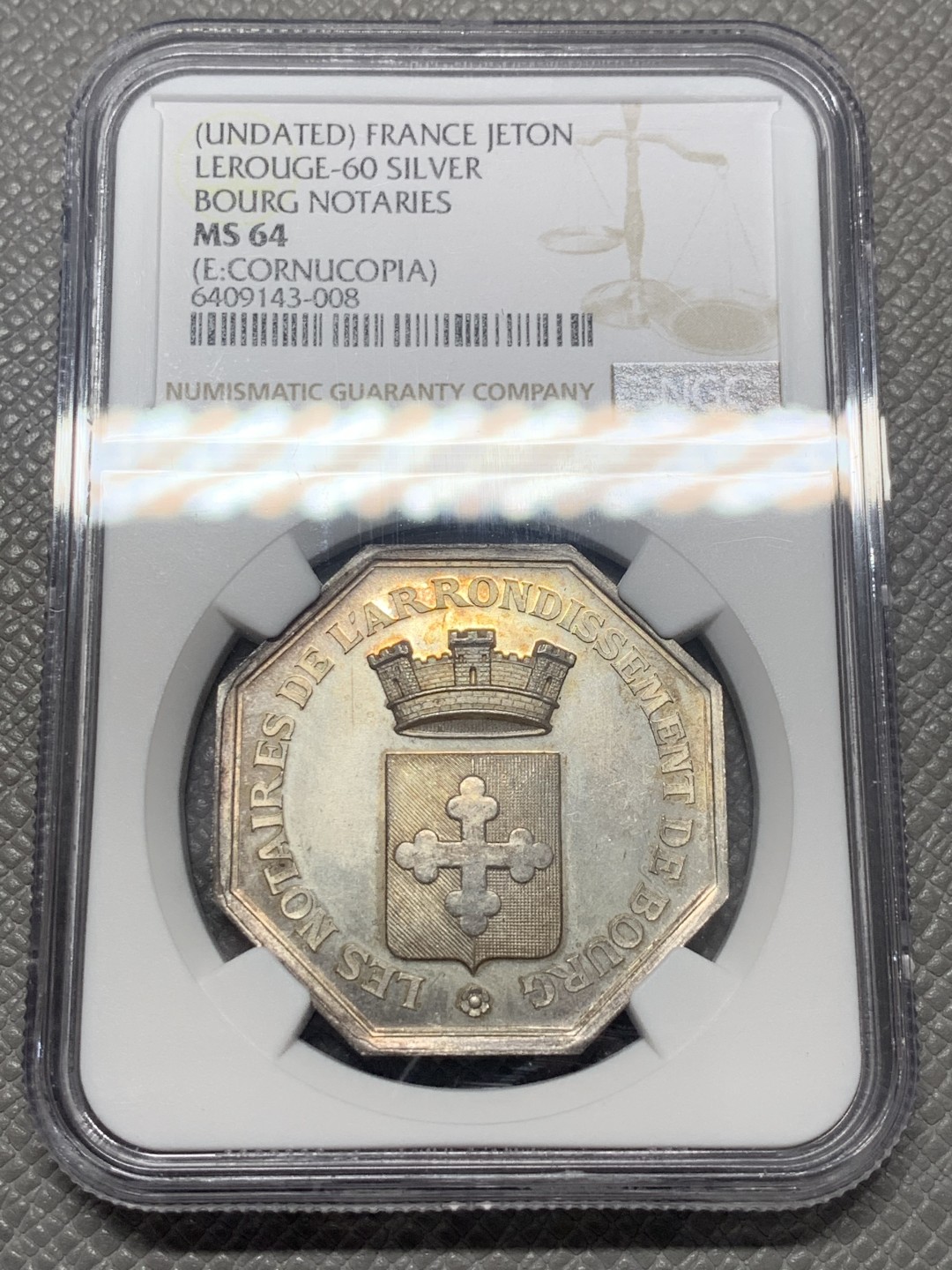 《竞宝斋》第130场-周日，周一连拍 (全场包邮) NGC MS64 布尔公证处 八角银质代币 大版 城堡皇冠 高分